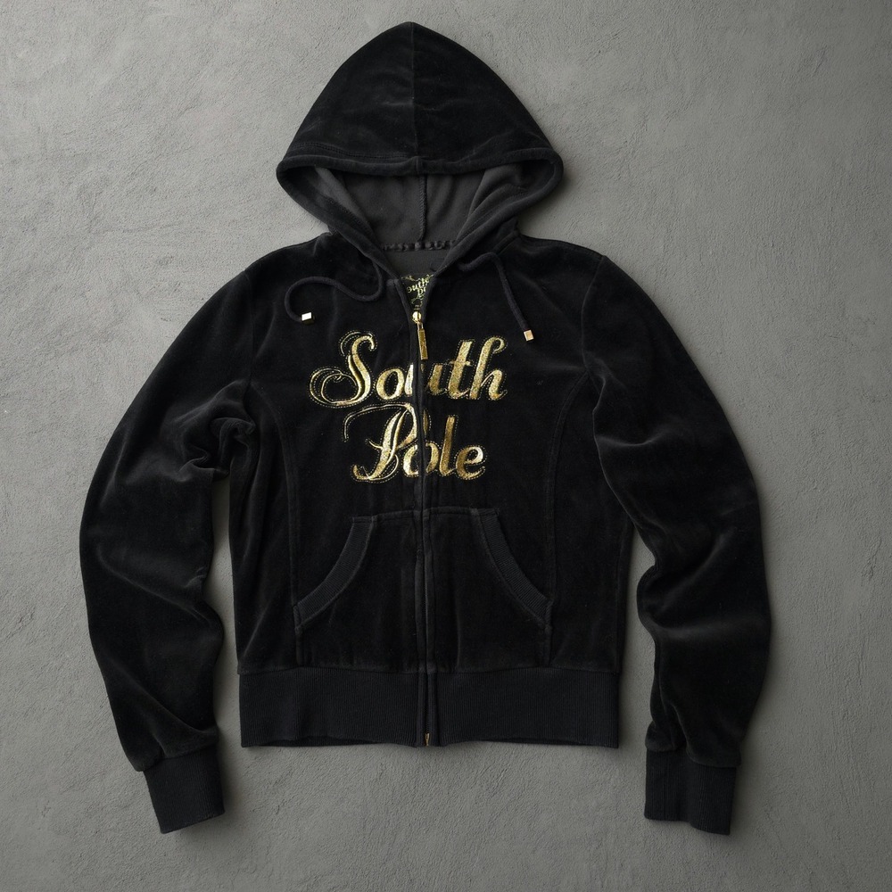 Vintage 2000s South Pole Black Hoodie Size S Gold Embroidered Velour